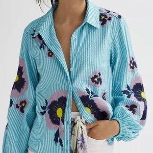 NWT, Maeve Anthropologie Embroidered Pansy Button Front Sleeve Blouse, Size S